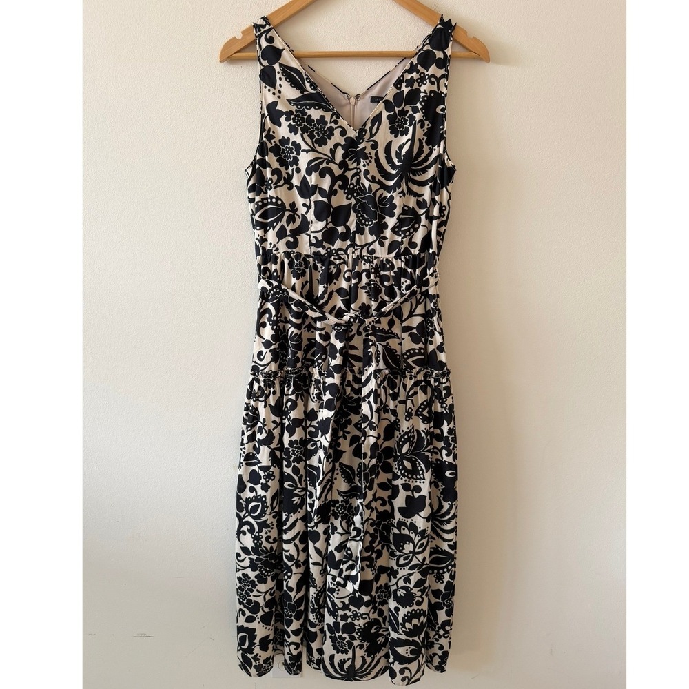 Ann Taylor Black & Cream Floral Maxi Midi Tie Waist Dress Size 2